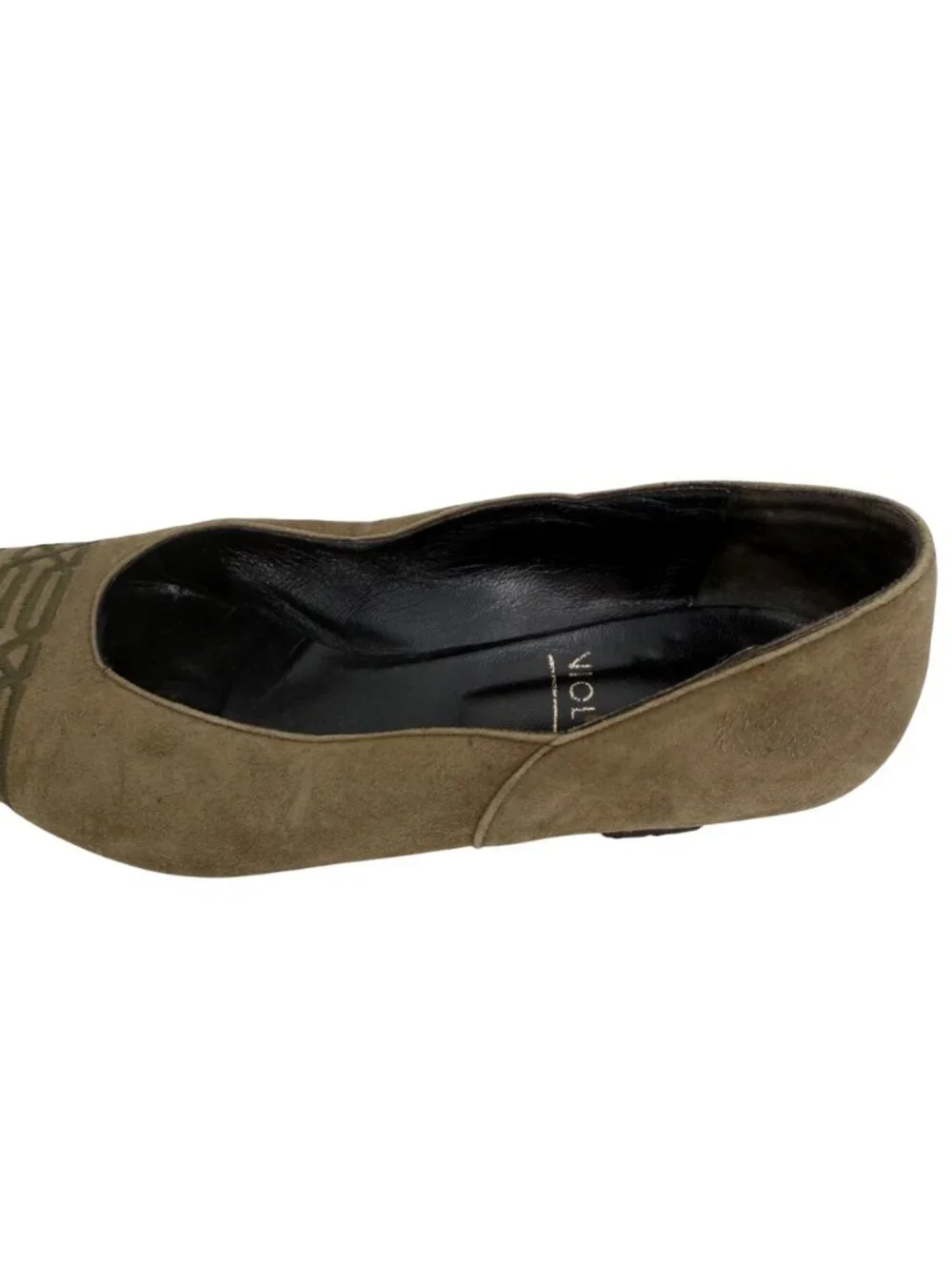 VTG VIOLA ITALIAN OLIVE GREEN SUEDE TRIBAL EMBROIDERED HEELS  - 38 (FITS LK 7)
